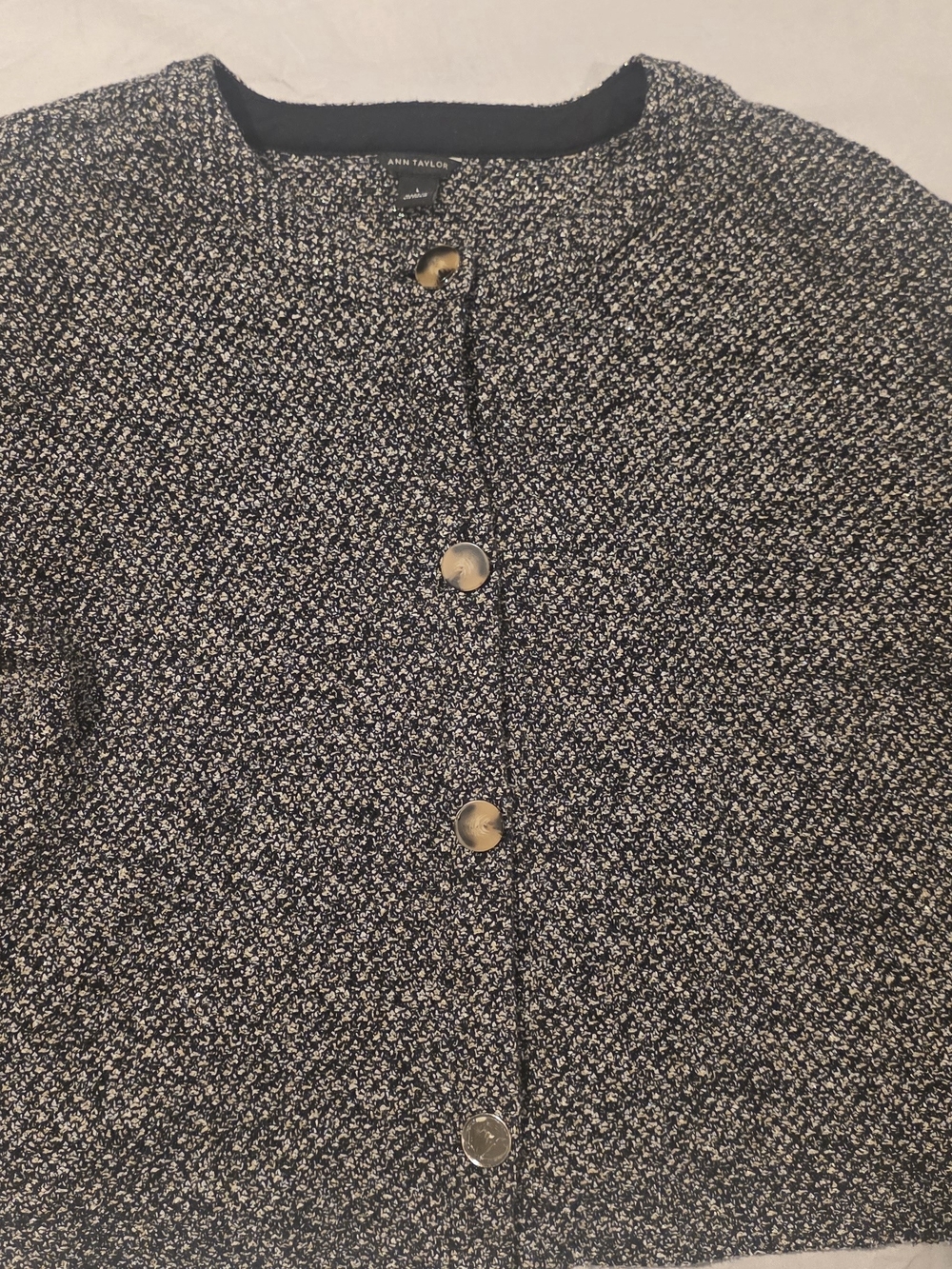 Ann Taylor Black and Cream Tweed Round-Neck Button Jacket